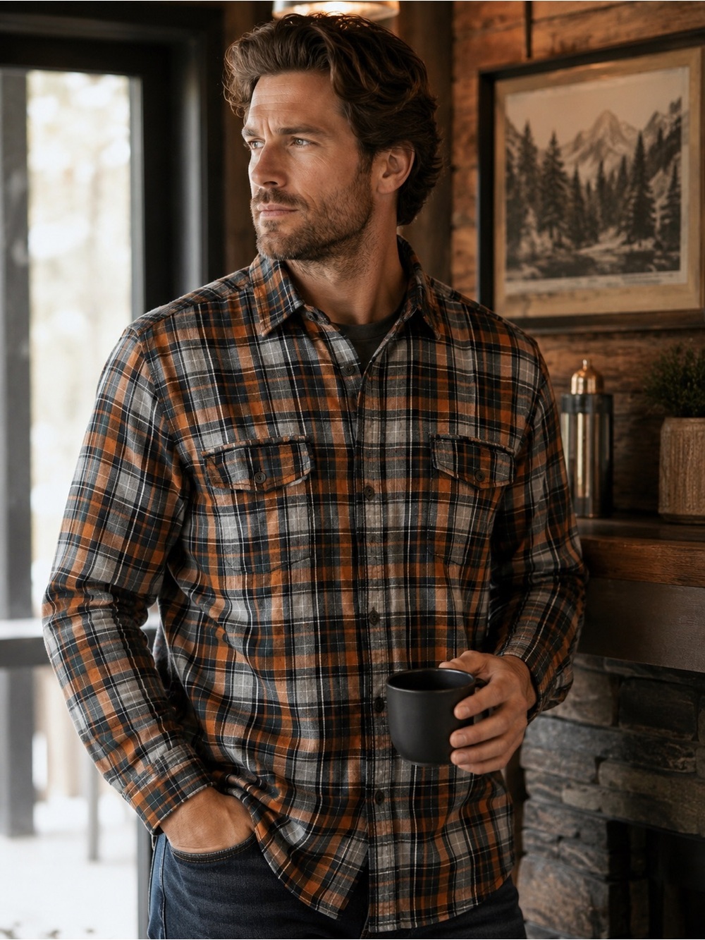 Buffalo David Bitton Orange and Black Plaid Men's Button-Down Shirt